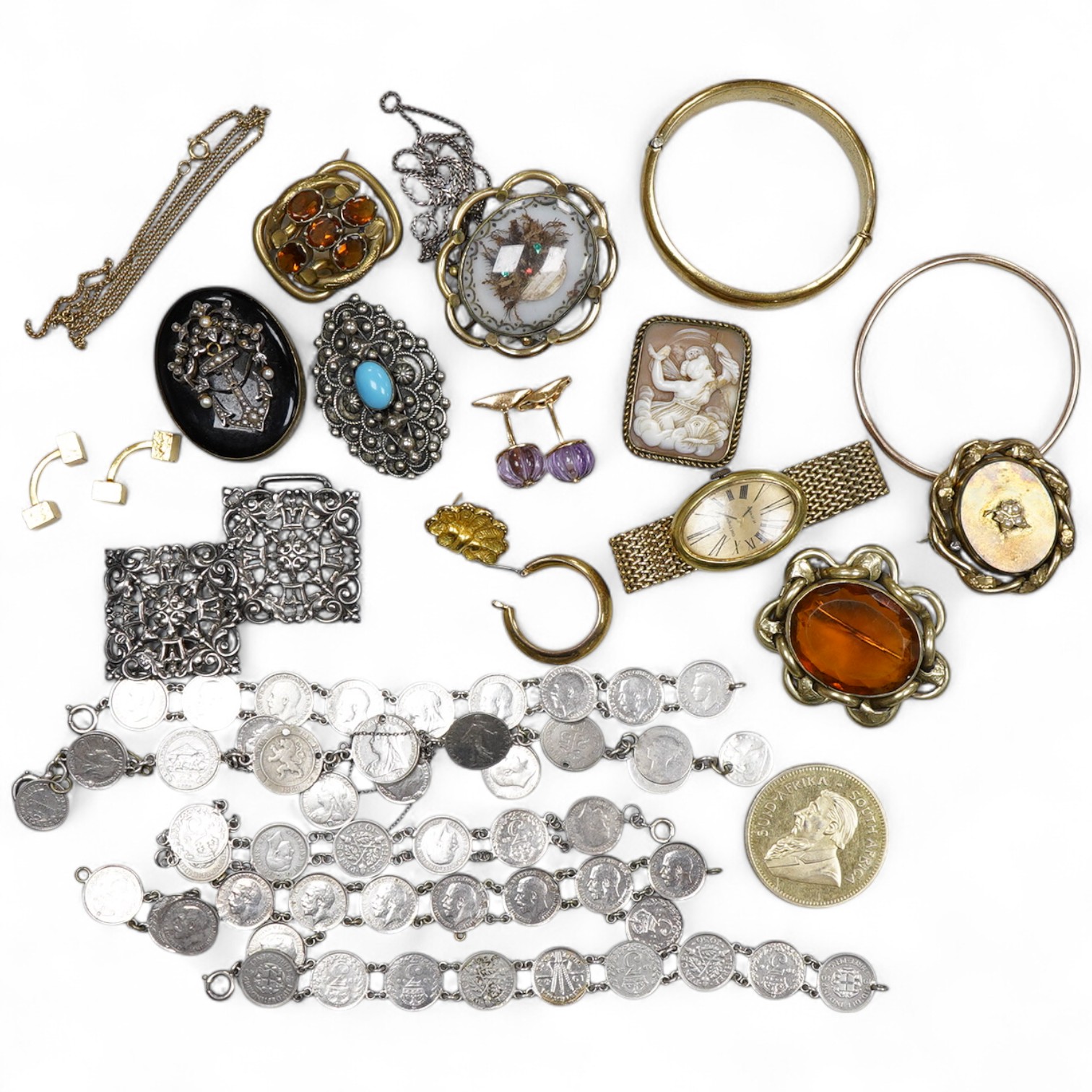A pair of amethyst and diamond cufflinks and a collection of jewels, comprising: a pair of cufflinks, each set with a carved amethyst bead, accented with a brilliant-cut diamond, mounted in gold, each bead 13mm diameter;